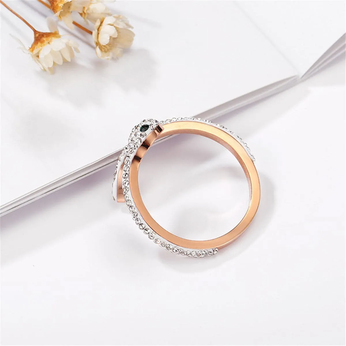 Cubic Zirconia & 18K Rose Gold-Plated Snake Ring