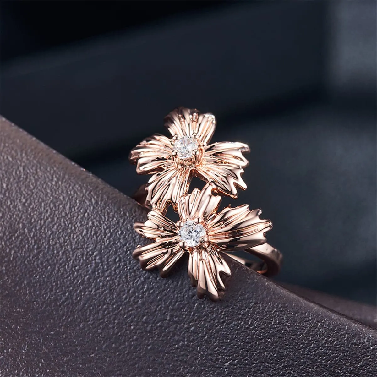 Cubic Zirconia & 18K Rose Gold-Plated Sunflower Ring