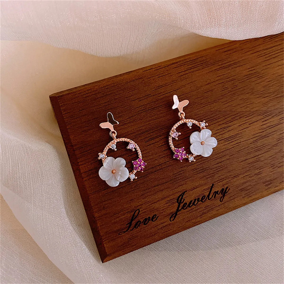 Cubic Zirconia & Acrylic Rose Butterfly Flower Drop Earrings