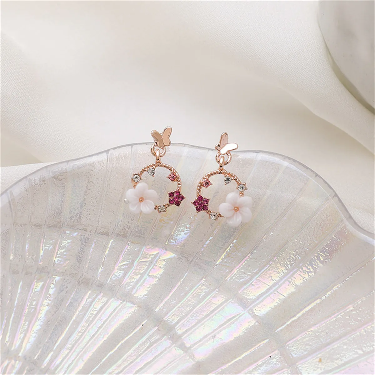 Cubic Zirconia & Acrylic Rose Butterfly Flower Drop Earrings