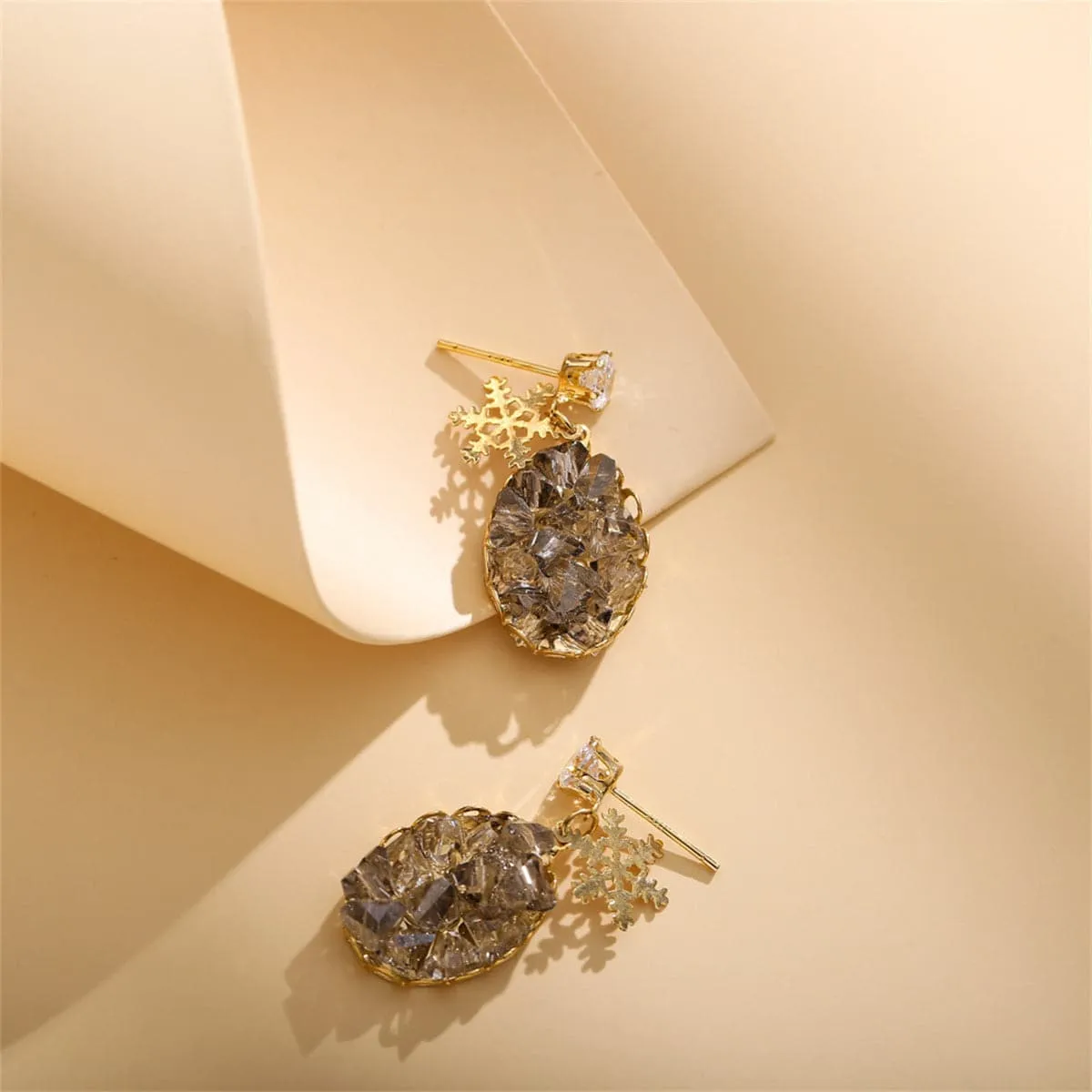 Cubic Zirconia & Crystal Snowflake Cluster Oval Drop Earrings
