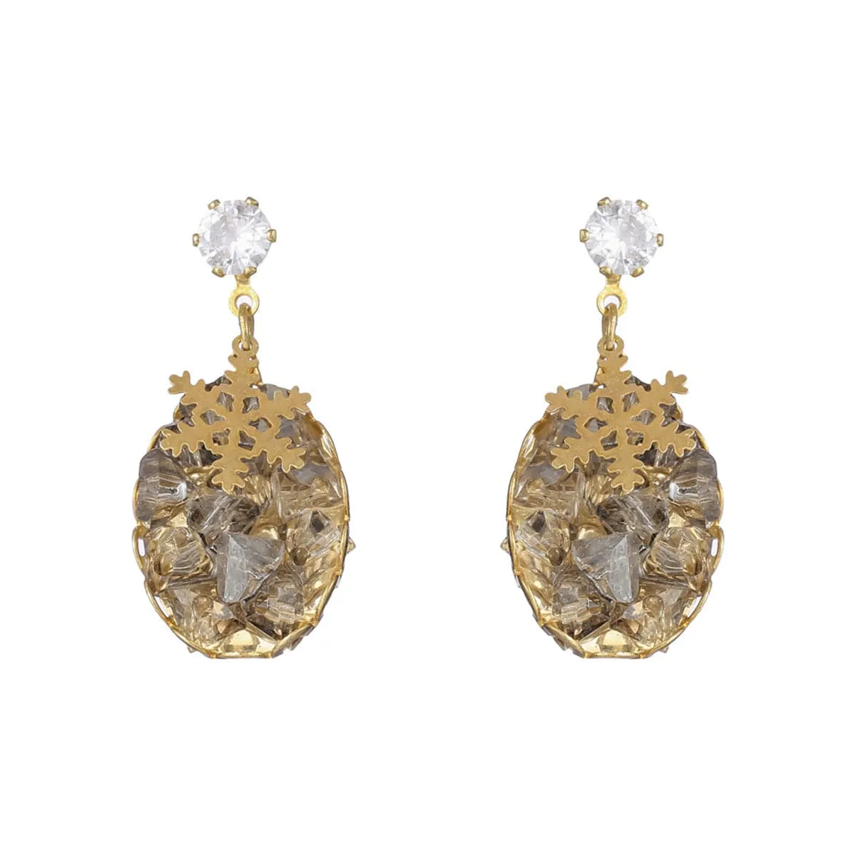 Cubic Zirconia & Crystal Snowflake Cluster Oval Drop Earrings