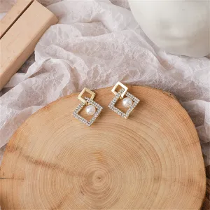 Cubic Zirconia & Pearl Interlocked Rhombus Drop Earrings