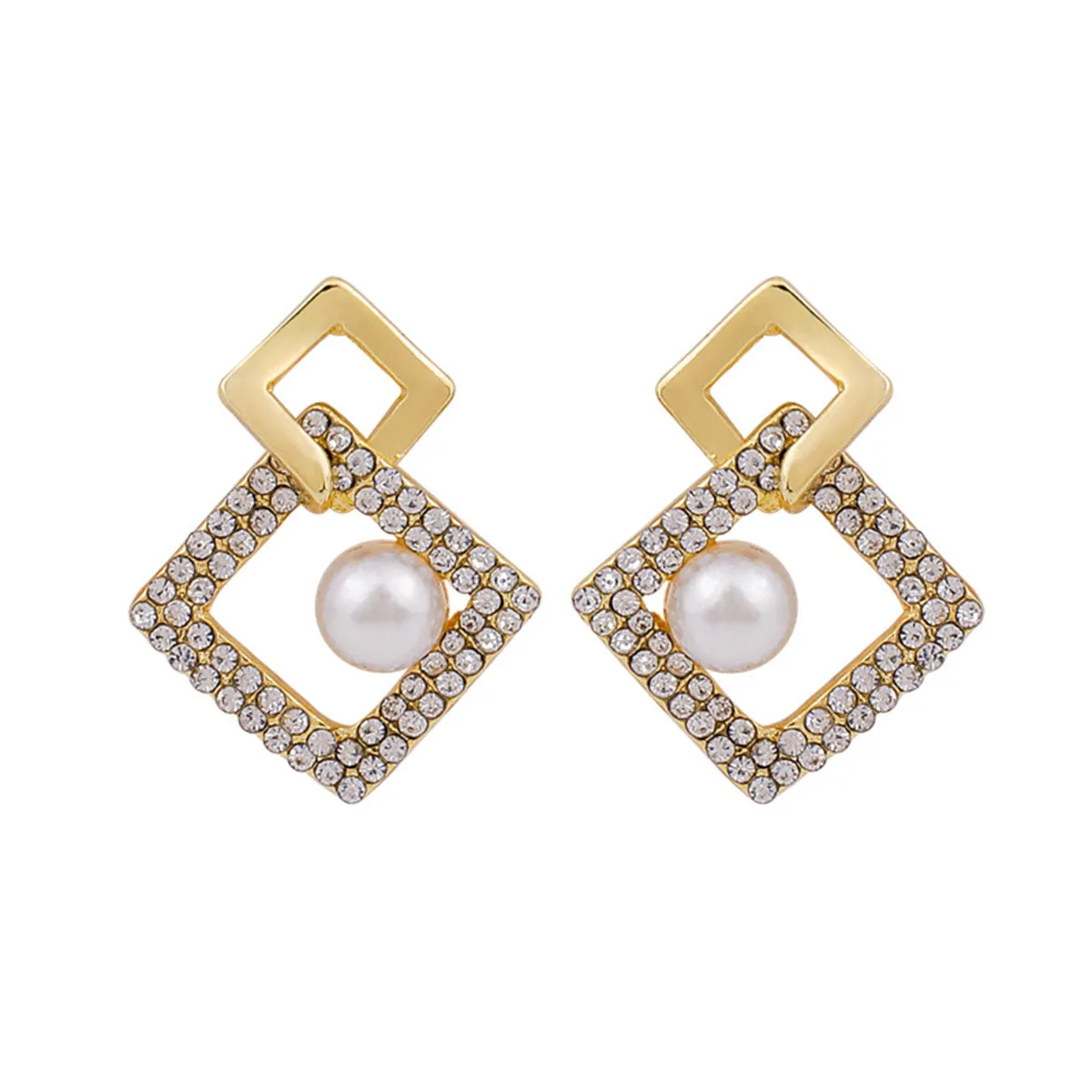 Cubic Zirconia & Pearl Interlocked Rhombus Drop Earrings