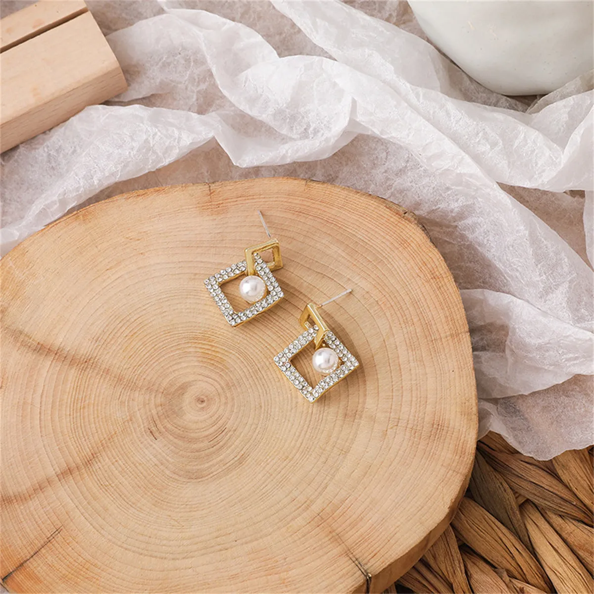 Cubic Zirconia & Pearl Interlocked Rhombus Drop Earrings