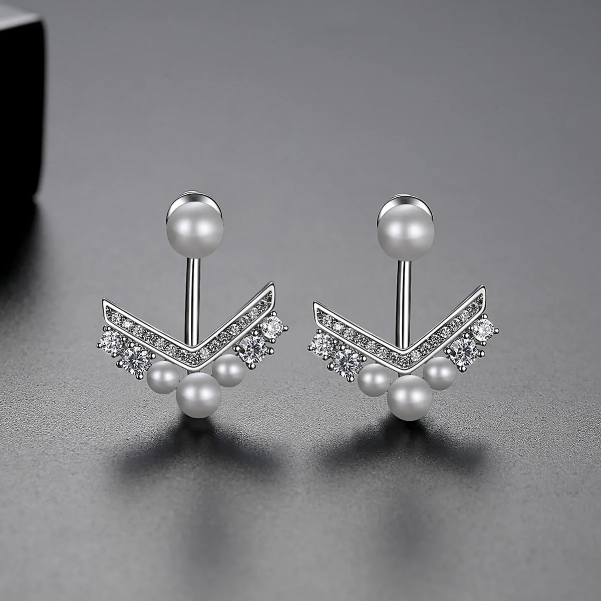 Cubic Zirconia & Pearl V Ear Jackets