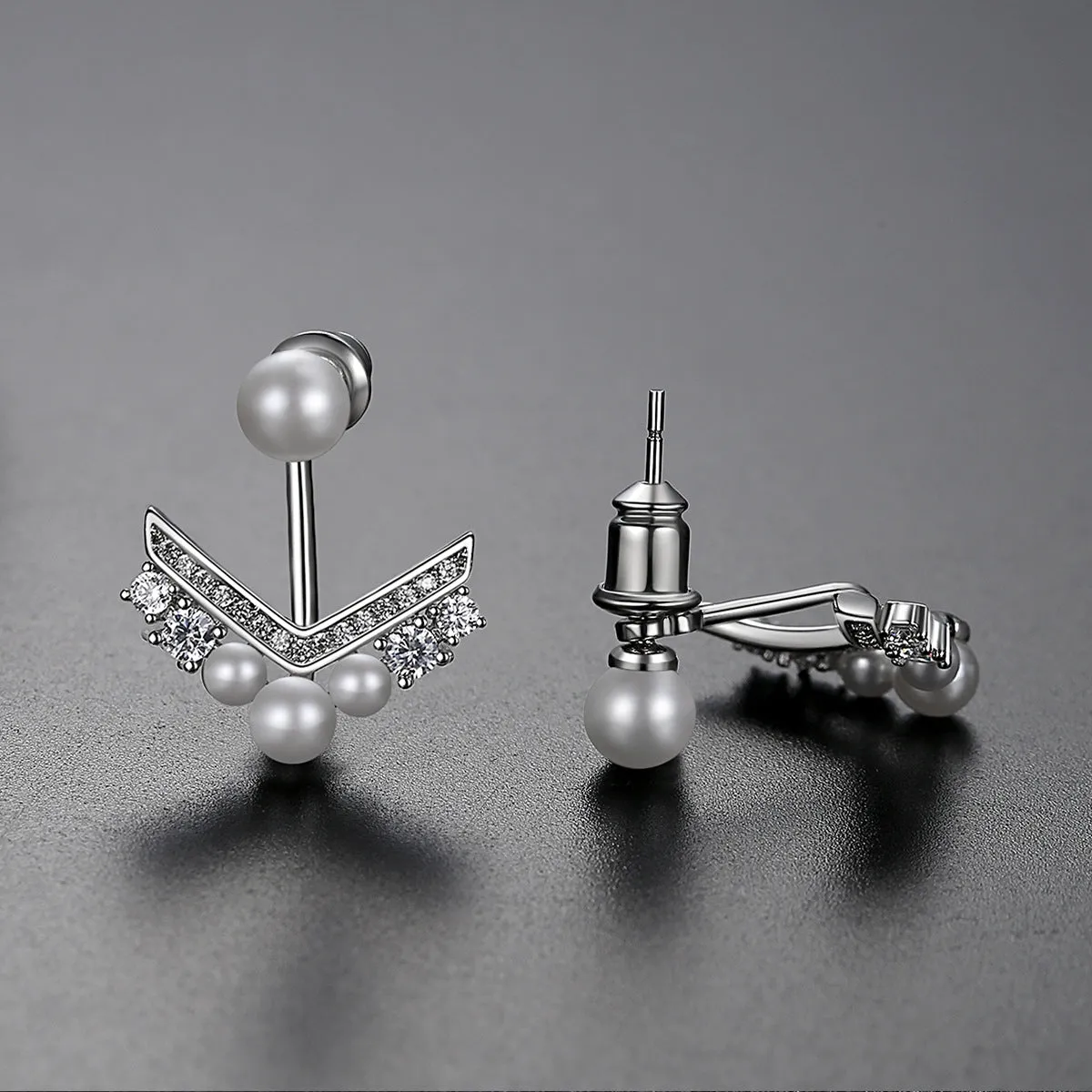 Cubic Zirconia & Pearl V Ear Jackets