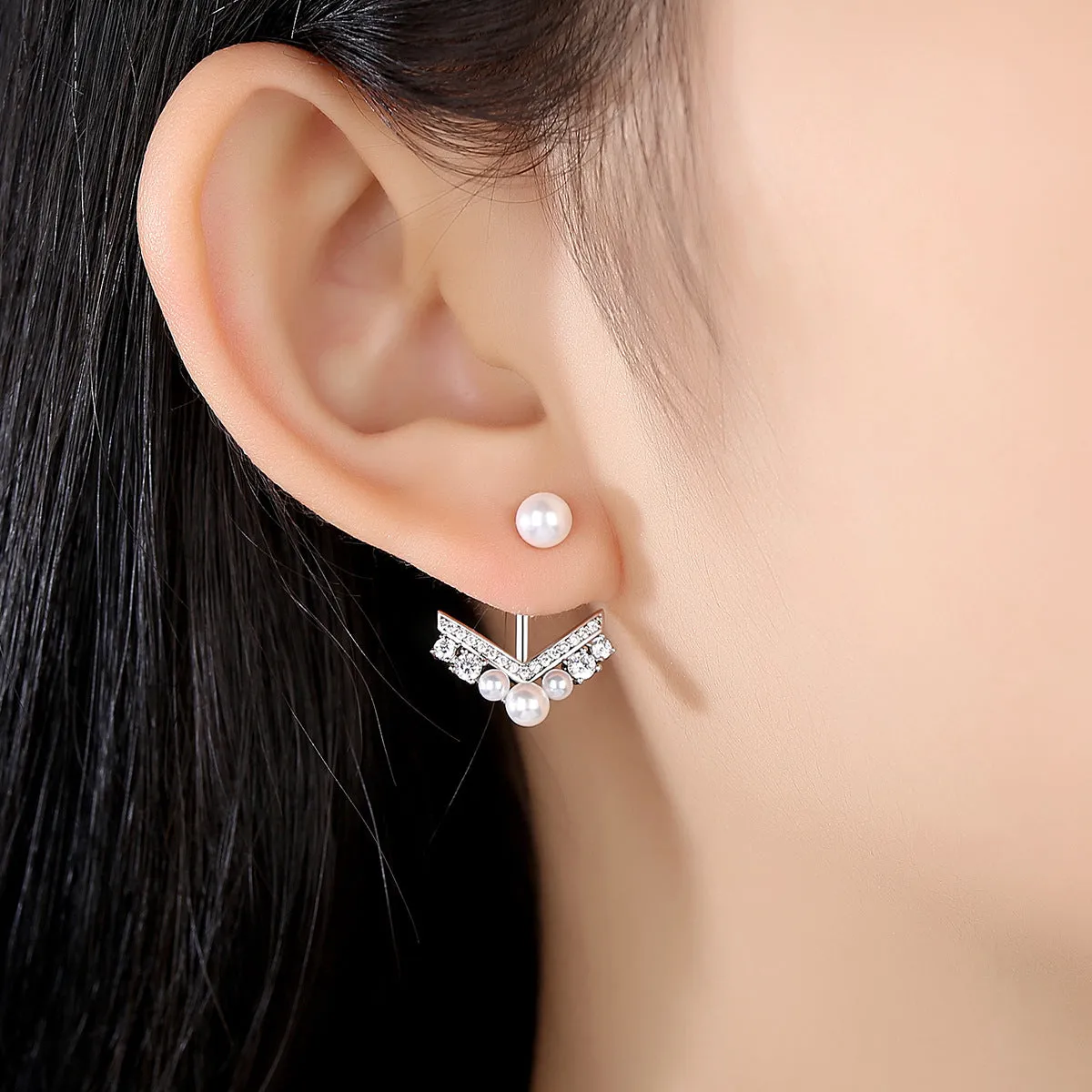 Cubic Zirconia & Pearl V Ear Jackets