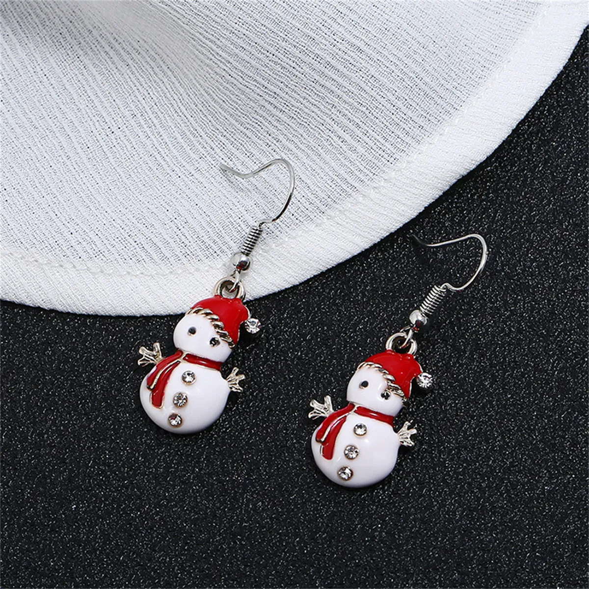Cubic Zirconia & Red Enamel Snowman Drop Earrings