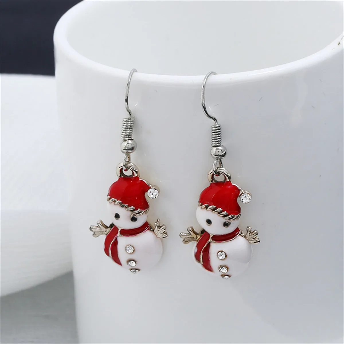 Cubic Zirconia & Red Enamel Snowman Drop Earrings