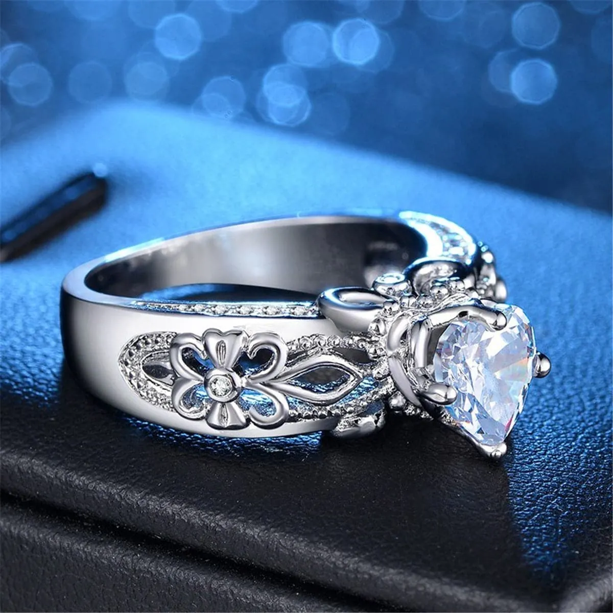 Cubic Zirconia & Silver-Plated Fleur-De-Lis Heart Ring