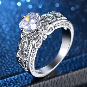 Cubic Zirconia & Silver-Plated Fleur-De-Lis Heart Ring
