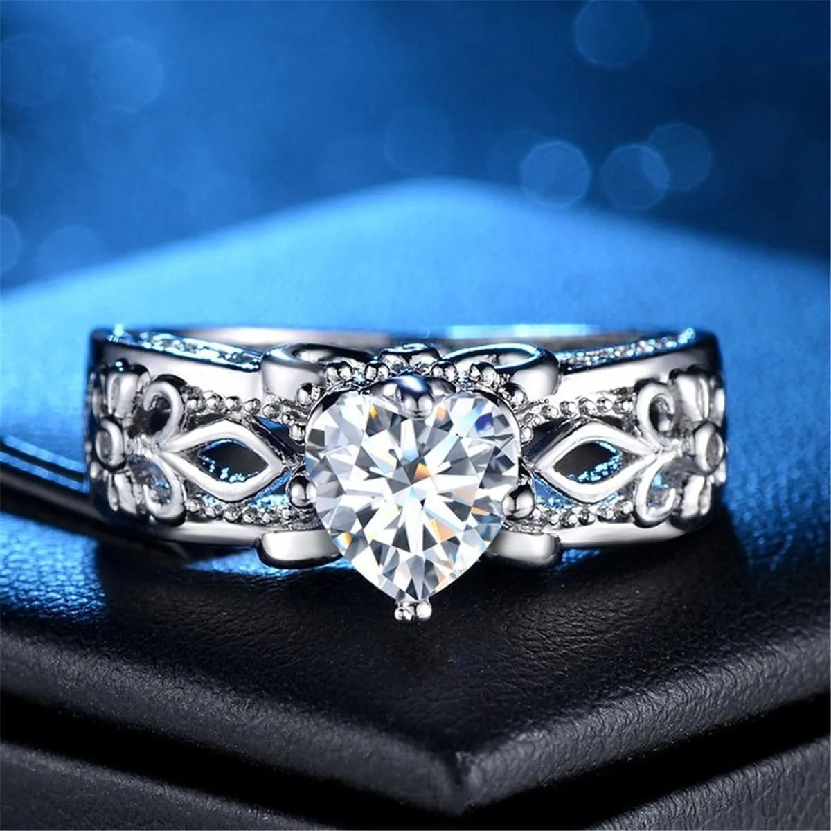 Cubic Zirconia & Silver-Plated Fleur-De-Lis Heart Ring