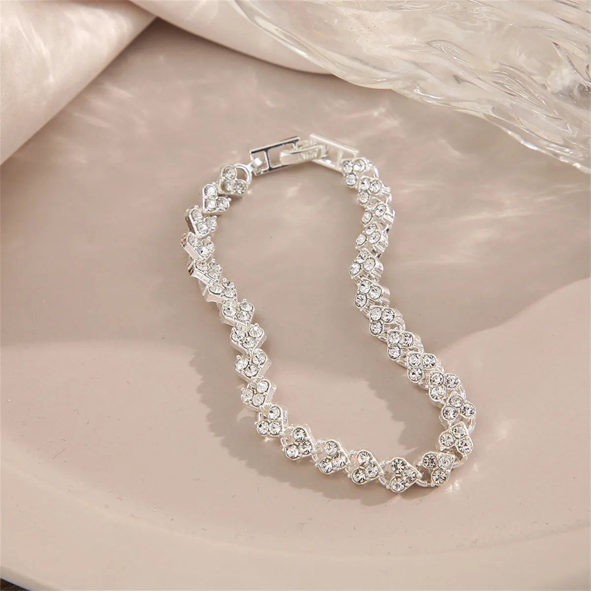 Cubic Zirconia & Silver-Plated Heart Chain Bracelet