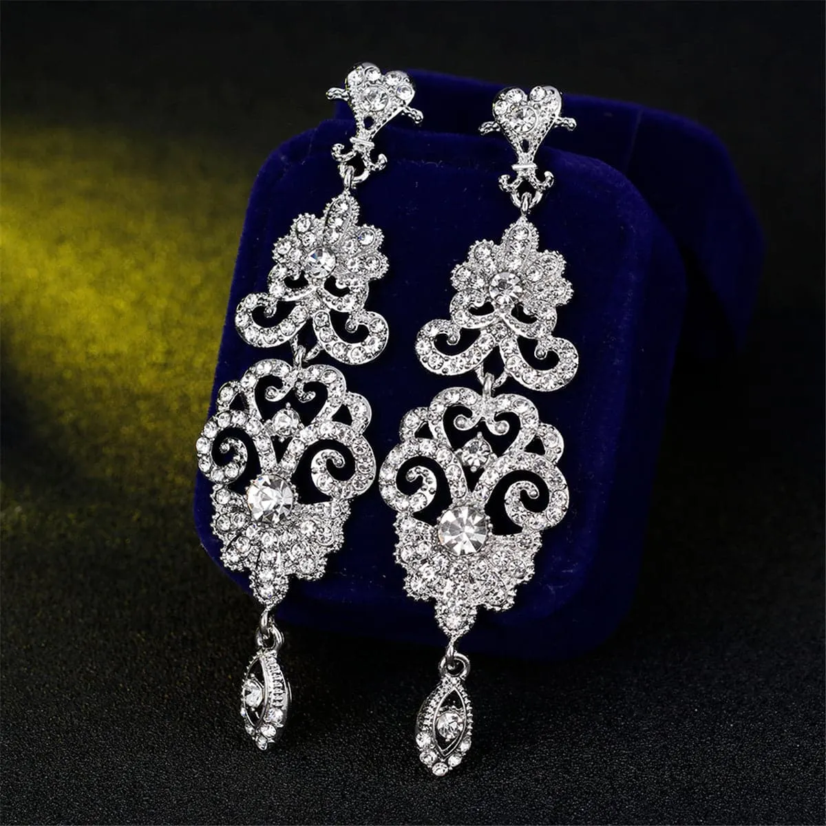 Cubic Zirconia & Silver-Plated Ornate Openwork Botany Drop Earrings