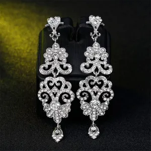 Cubic Zirconia & Silver-Plated Ornate Openwork Botany Drop Earrings