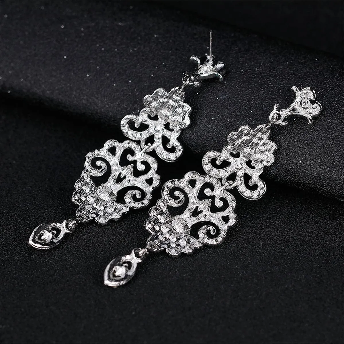 Cubic Zirconia & Silver-Plated Ornate Openwork Botany Drop Earrings