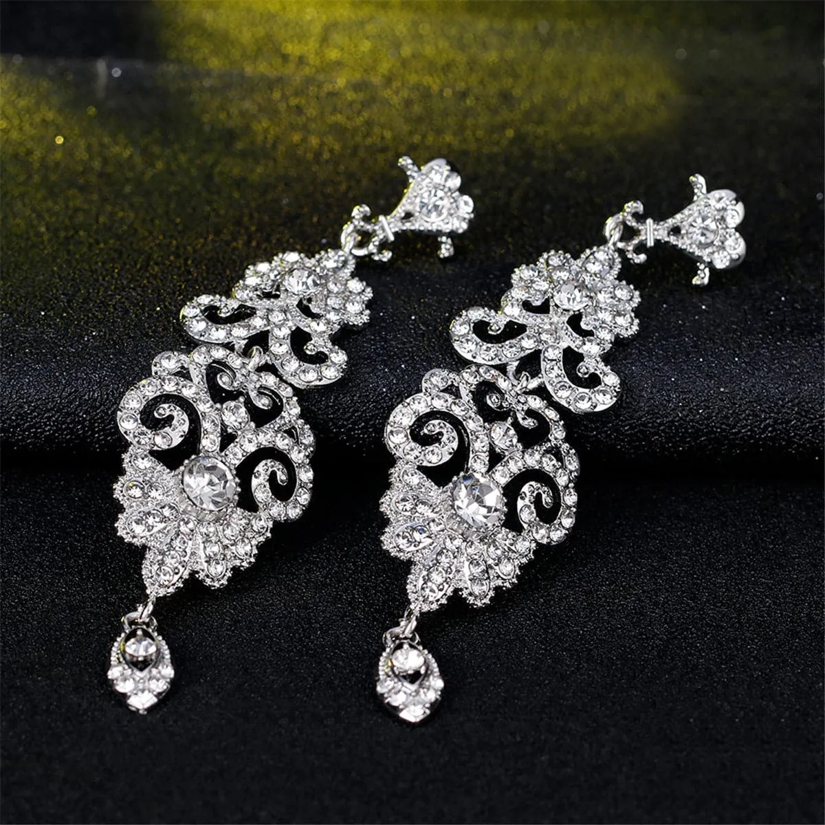 Cubic Zirconia & Silver-Plated Ornate Openwork Botany Drop Earrings
