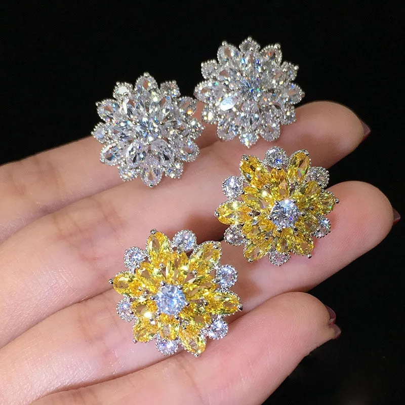 cute Big AAA Cubic Zirconia 925 silver Stud Earrings Fashionable Flower