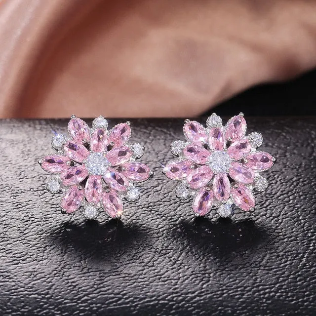 cute Big AAA Cubic Zirconia 925 silver Stud Earrings Fashionable Flower