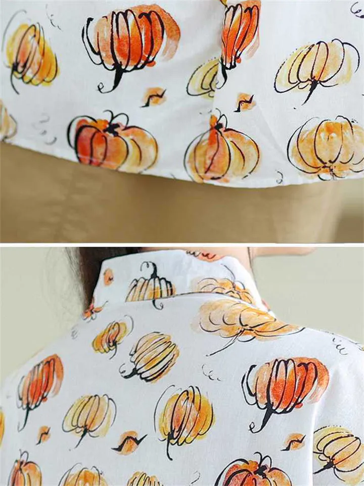 Cute Pumpkin Print Short Sleeve Button Shirt for Women