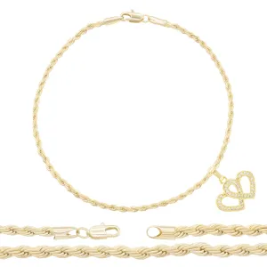 CZ Heart Charm 14K Gold Filled Rope Anklet 10" Chain Women Jewelry