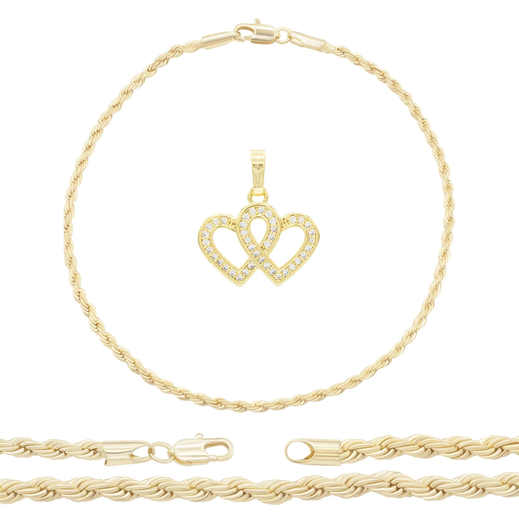 CZ Heart Charm 14K Gold Filled Rope Anklet 10" Chain Women Jewelry