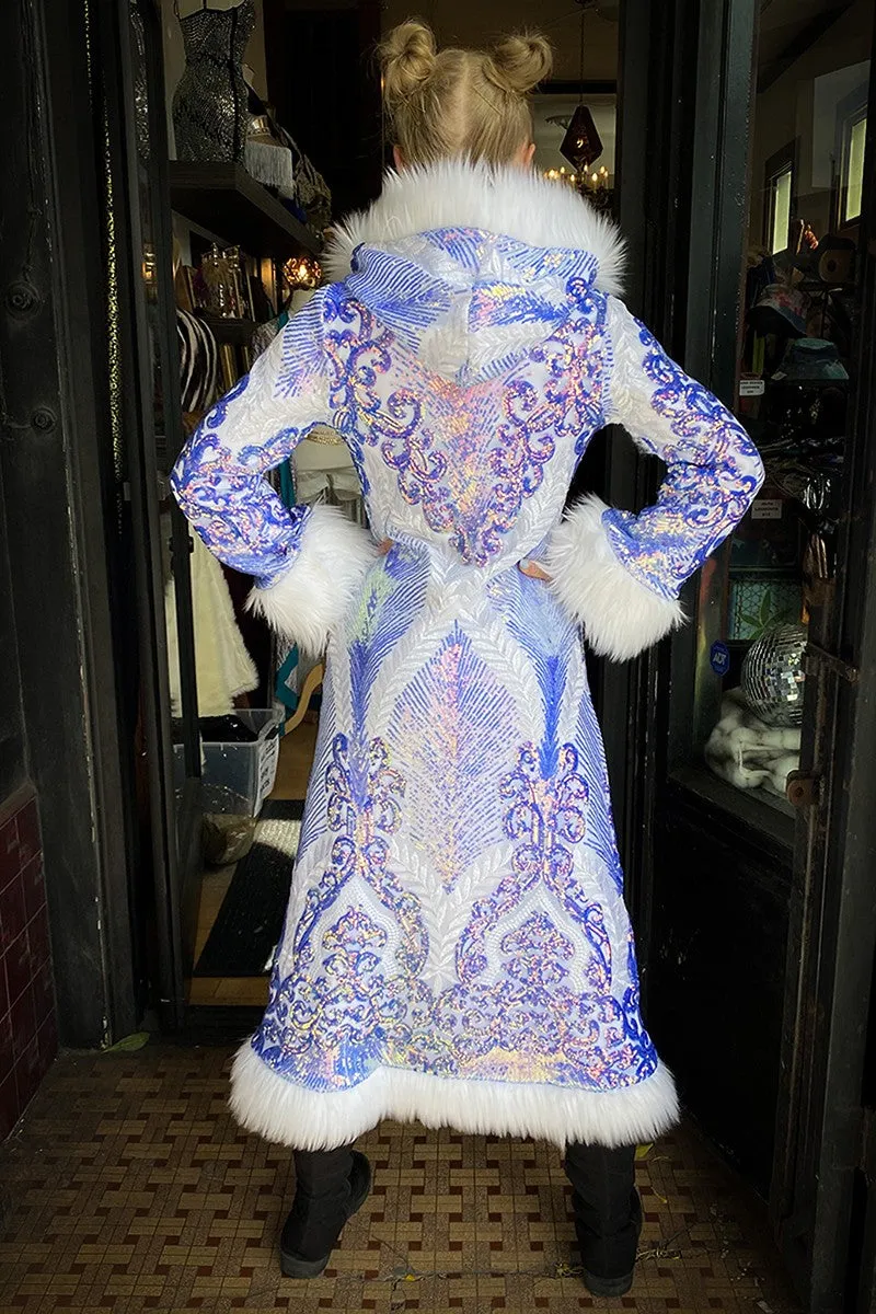 Deluxe Tamo Coat: Azure Athena Sequin   White Faux Fur Trim