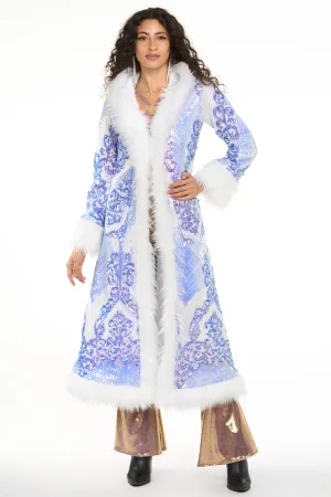 Deluxe Tamo Coat: Azure Athena Sequin   White Faux Fur Trim