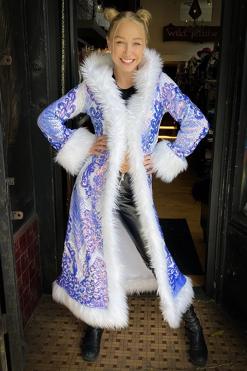 Deluxe Tamo Coat: Azure Athena Sequin   White Faux Fur Trim