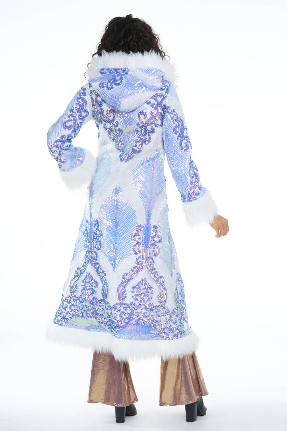 Deluxe Tamo Coat: Azure Athena Sequin   White Faux Fur Trim
