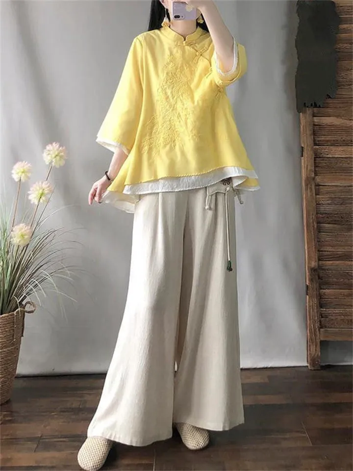Diagonal Button Women's Spring Summer Improved Hanfu Shirt