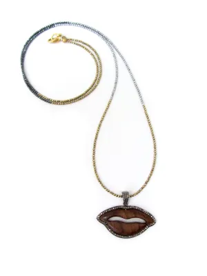 Diamond Wooden Lips Pendant on Tri-Color Hematite Necklace