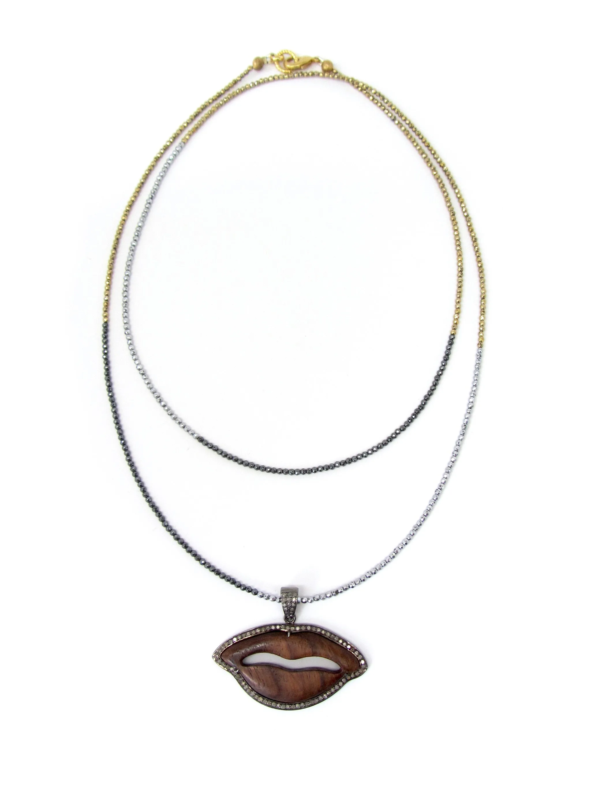 Diamond Wooden Lips Pendant on Tri-Color Hematite Necklace