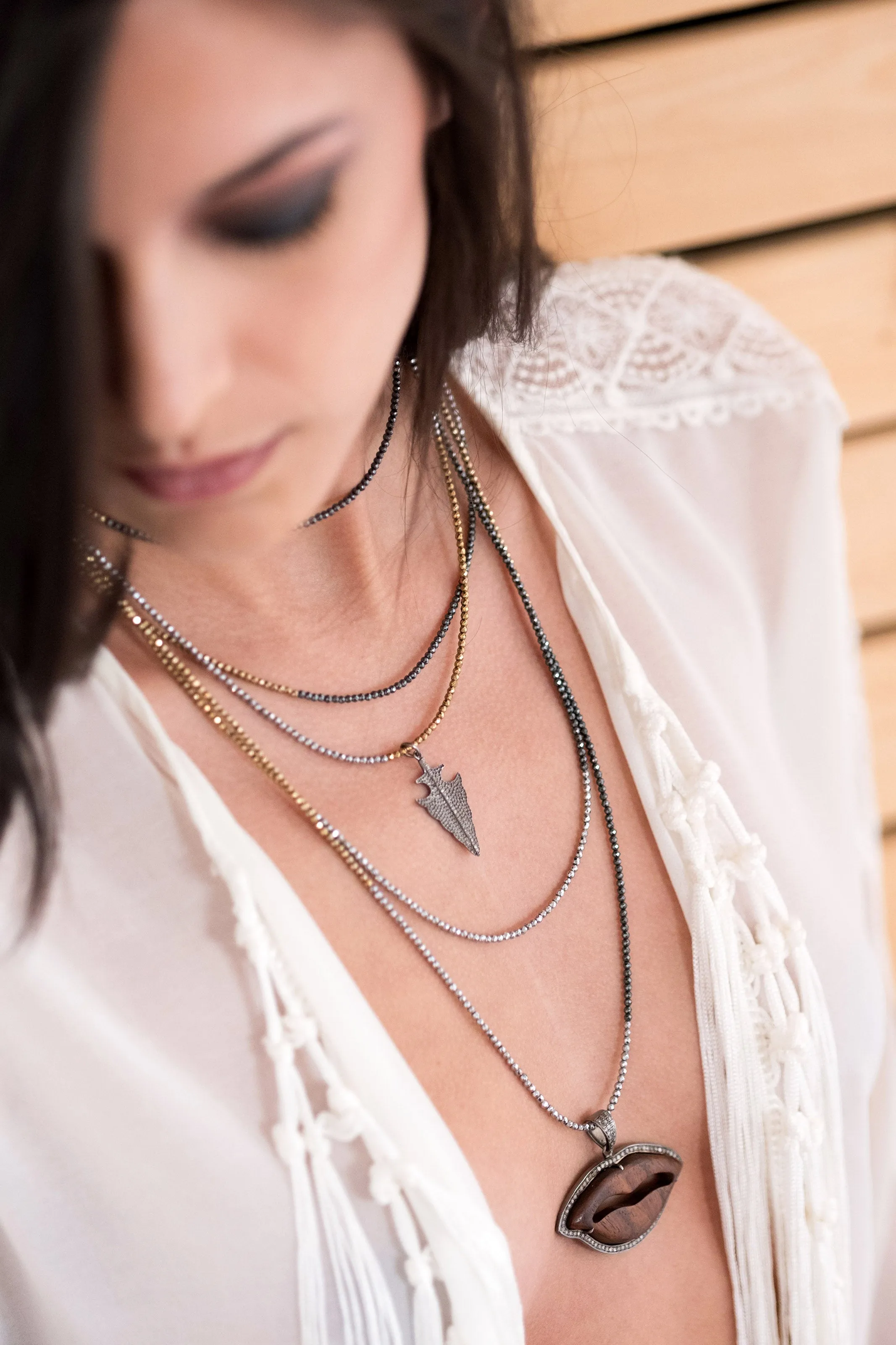 Diamond Wooden Lips Pendant on Tri-Color Hematite Necklace