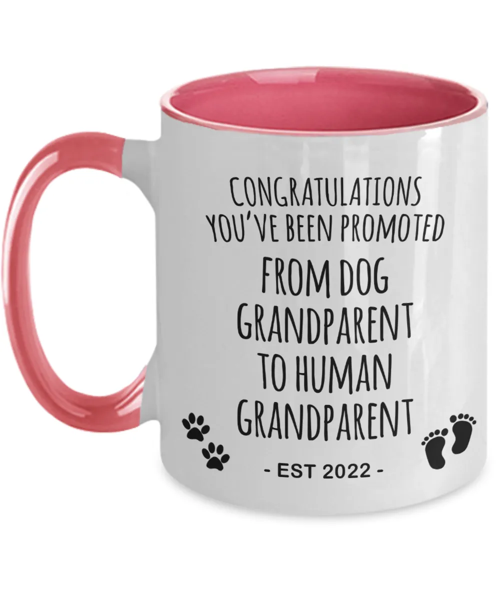 Dog Grandparent to Human Grandparent Est 2022 Mug Two-Tone Coffee Cup Funny Gift