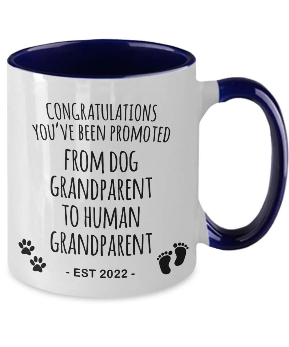 Dog Grandparent to Human Grandparent Est 2022 Mug Two-Tone Coffee Cup Funny Gift