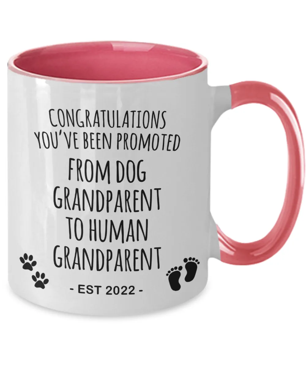 Dog Grandparent to Human Grandparent Est 2022 Mug Two-Tone Coffee Cup Funny Gift