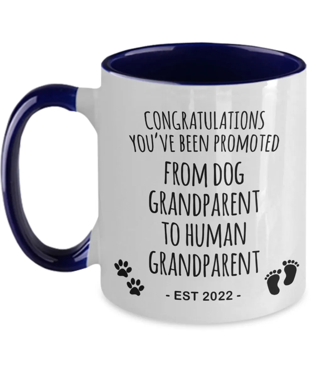 Dog Grandparent to Human Grandparent Est 2022 Mug Two-Tone Coffee Cup Funny Gift