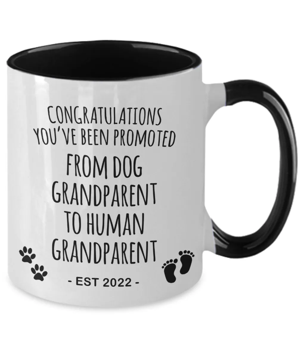 Dog Grandparent to Human Grandparent Est 2022 Mug Two-Tone Coffee Cup Funny Gift