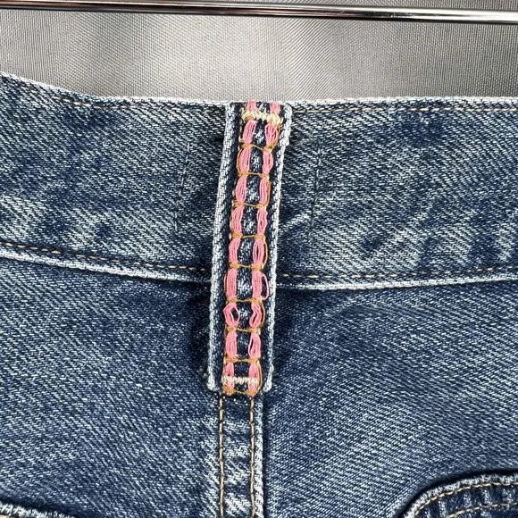 Edwin Cutoff Jean Shorts Rainbow Stiching Blue Frayed Denim Womens 24 New