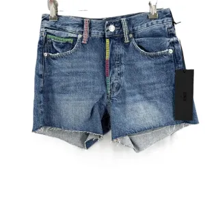 Edwin Cutoff Jean Shorts Rainbow Stiching Blue Frayed Denim Womens 24 New