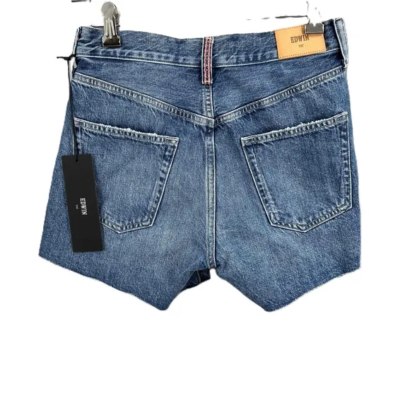 Edwin Cutoff Jean Shorts Rainbow Stiching Blue Frayed Denim Womens 24 New