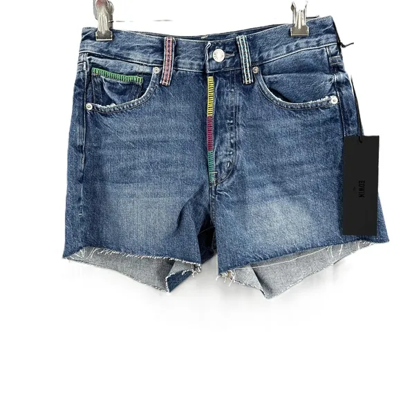 Edwin Cutoff Jean Shorts Rainbow Stiching Blue Frayed Denim Womens 24 New