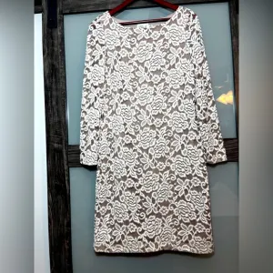 Eliza J Champagne Sparkly Shift Dress Women's Size 14 Lace Long Sleeves Floral