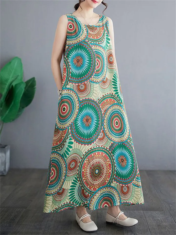 Ethnic Circle Print Cozy Holiday Tank Dress for Women