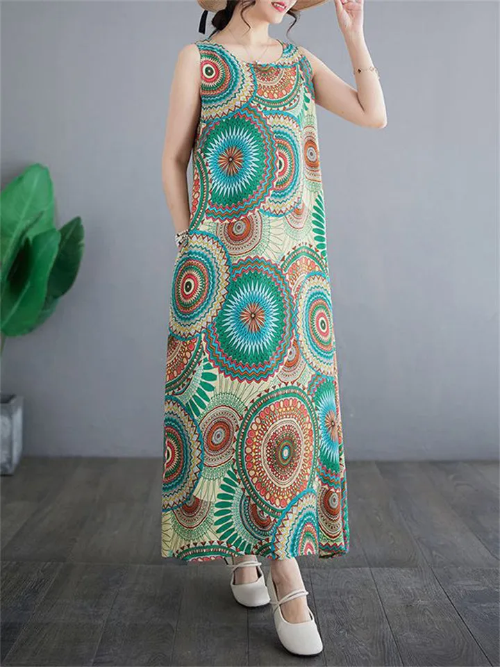 Ethnic Circle Print Cozy Holiday Tank Dress for Women