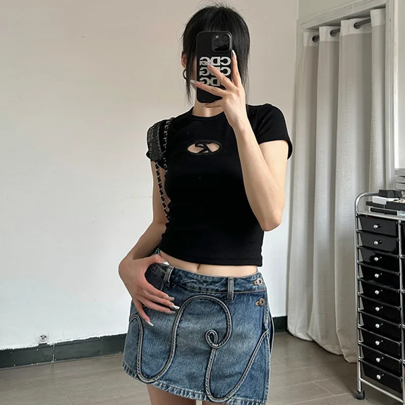 European And American-Style Women's Clothing2023Summer New American Hot Girl Style Slim Fit Slimming Fashionable All-Match Navel ExposedTT-shirt Top
