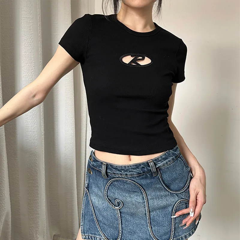 European And American-Style Women's Clothing2023Summer New American Hot Girl Style Slim Fit Slimming Fashionable All-Match Navel ExposedTT-shirt Top