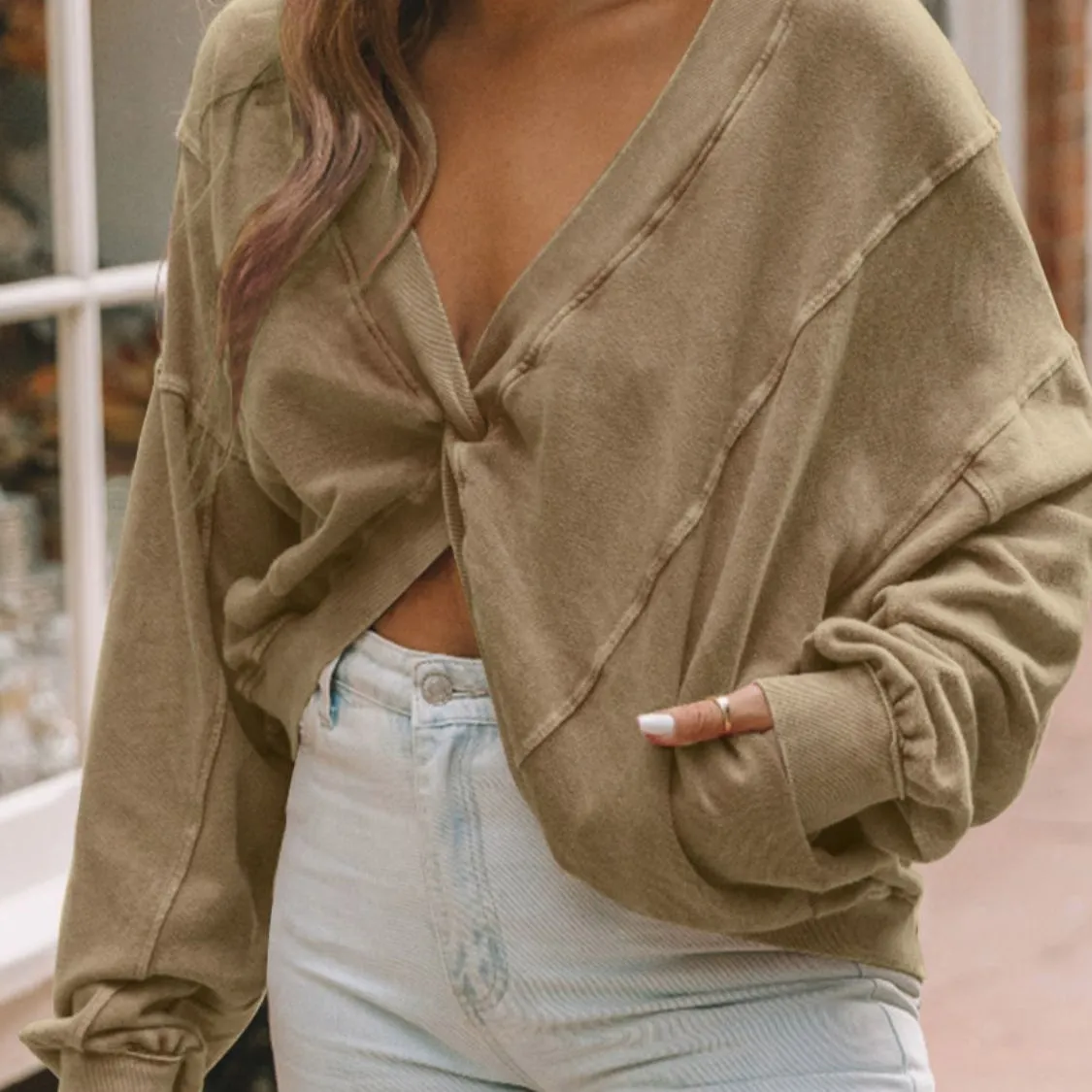 Exposed Seam Twisted V-Neck Sweatshirt